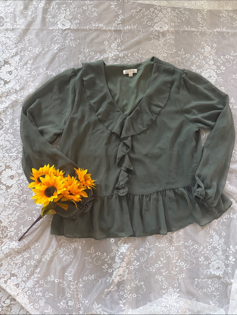 Sage Olive Green Ruffle V-Neck Top